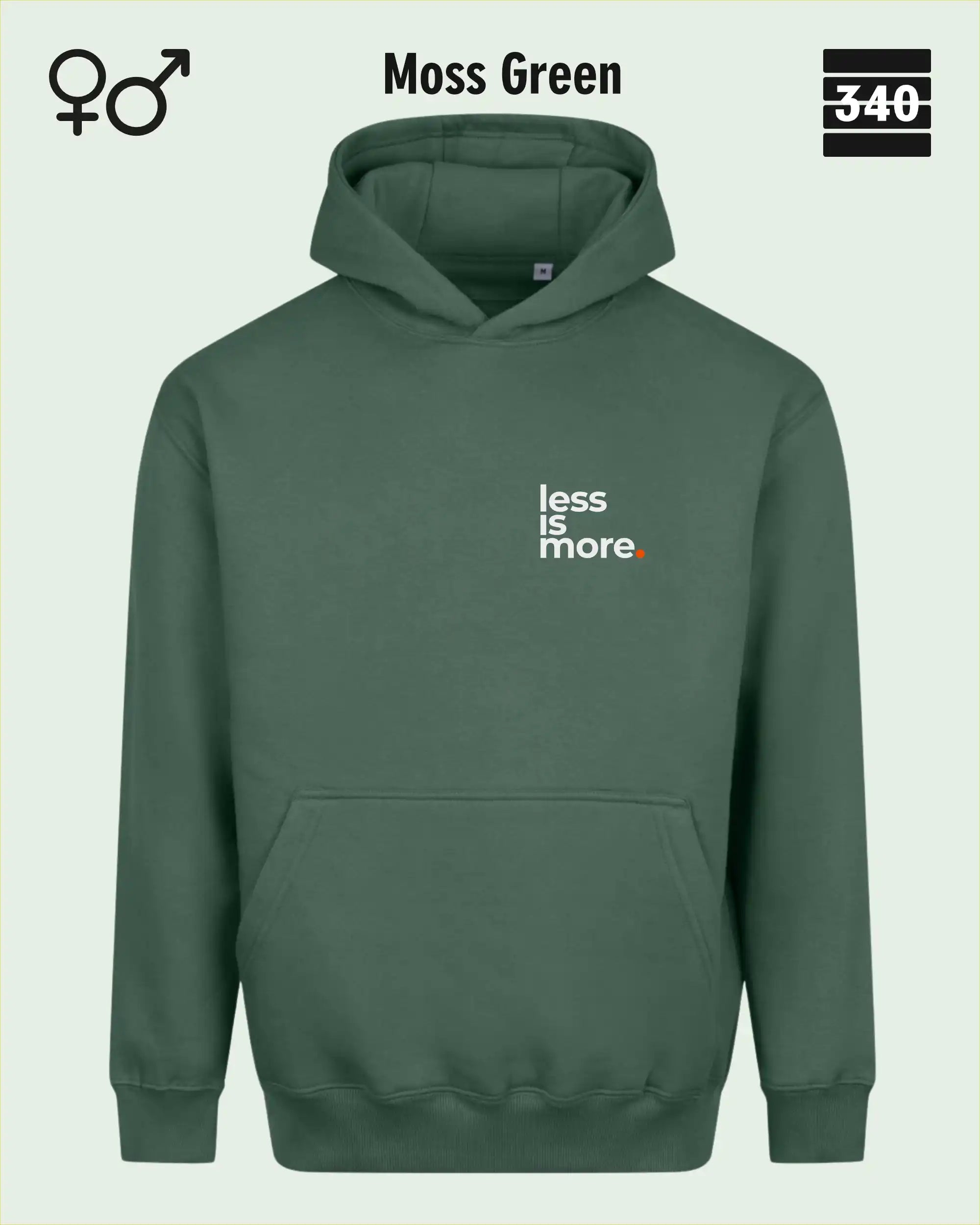 das bild zeigt den Oversized Design-Hoodie JH111 unisex in der farbe moss green mit dem minimalistischen motiv "less is more".