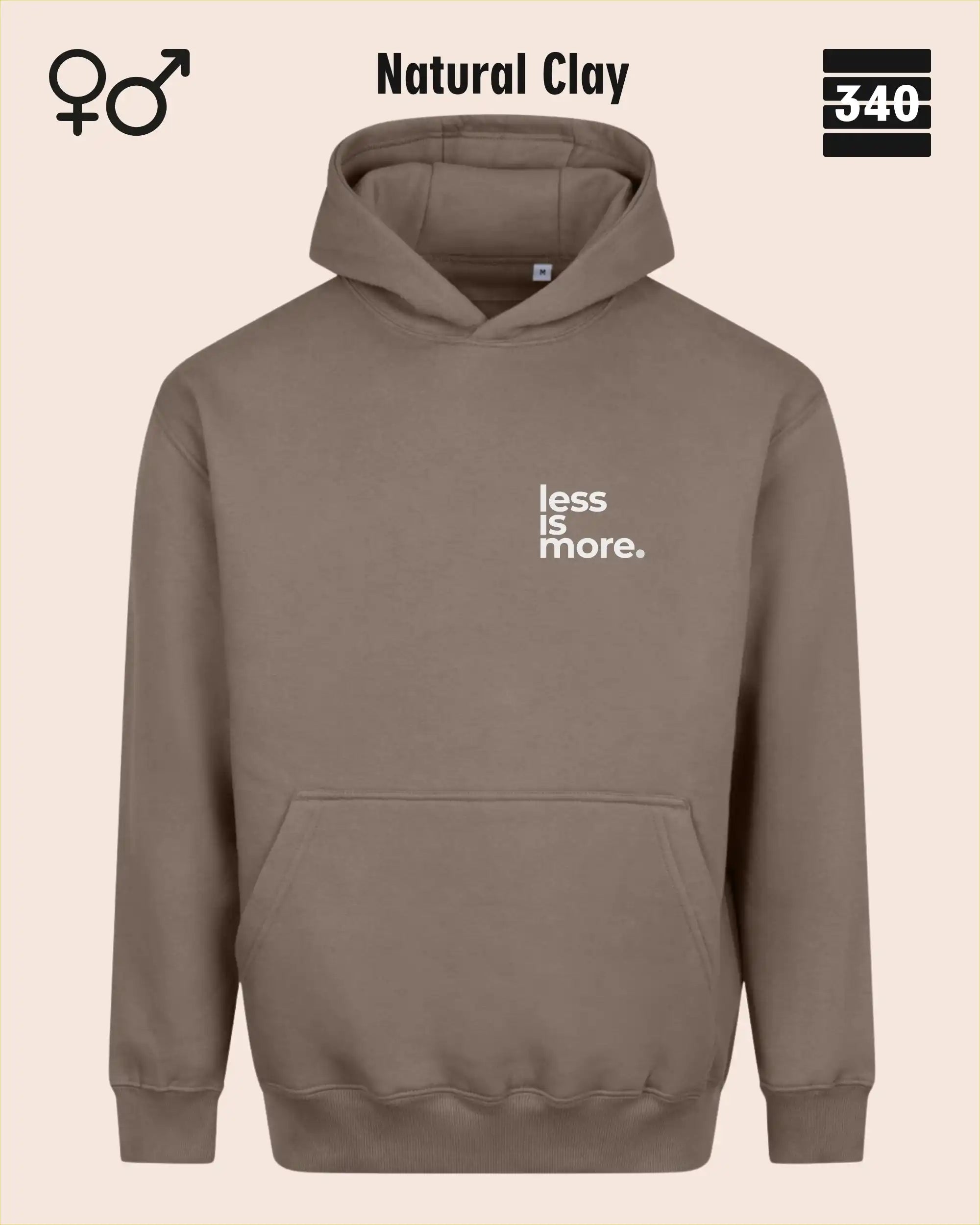 das bild zeigt den Oversized Design-Hoodie JH111 unisex in der farbe Natural clay mit dem minimalistischen motiv "less is more".