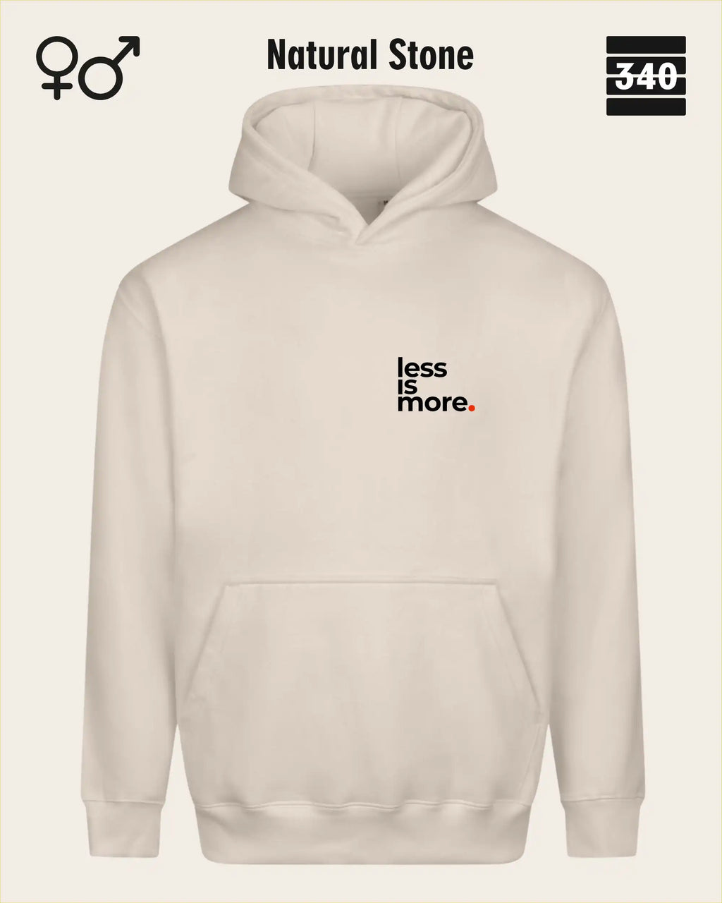das bild zeigt den Oversized Design-Hoodie JH111 unisex in der farbe natural stone mit dem minimalistischen motiv "less is more".