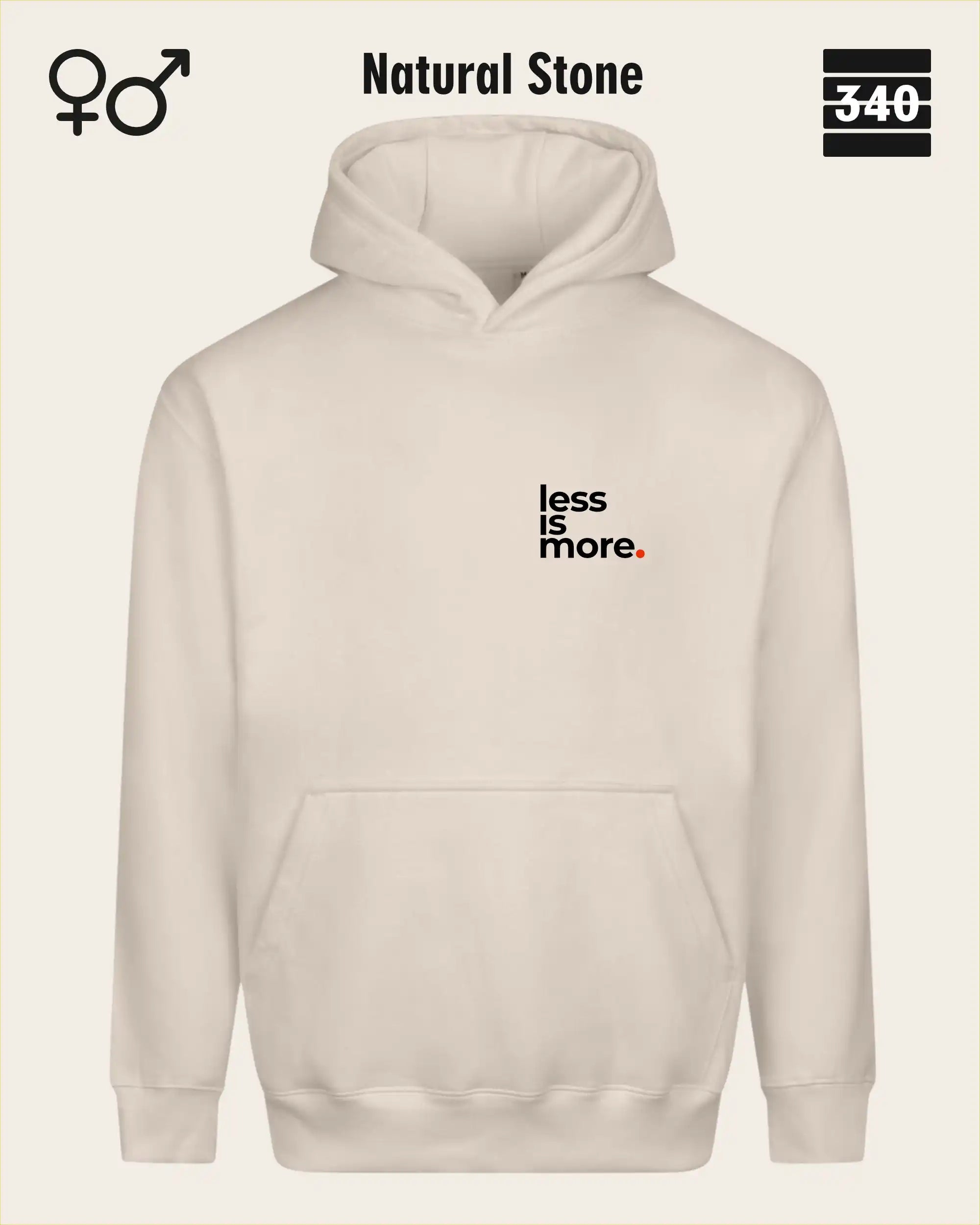 das bild zeigt den Oversized Design-Hoodie JH111 unisex in der farbe natural stone mit dem minimalistischen motiv "less is more".