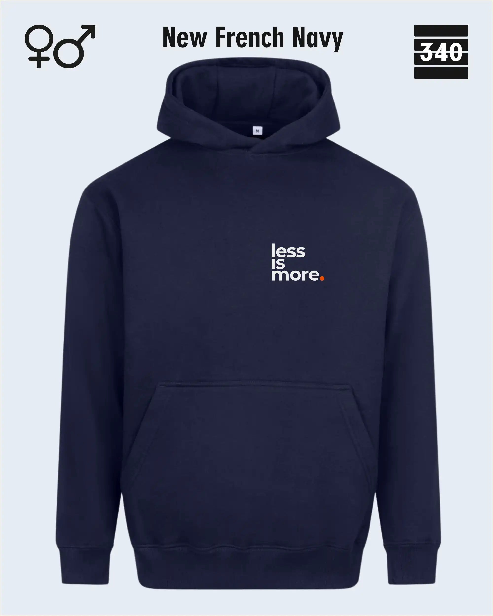 das bild zeigt den Oversized Design-Hoodie JH111 unisex in der farbe new french navy mit dem minimalistischen motiv "less is more".