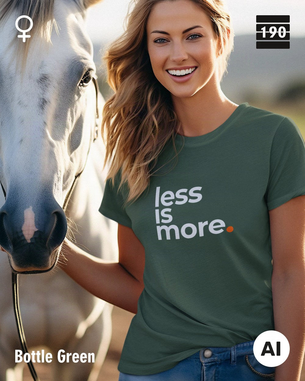 Eine Frau trägt ein figurbetontes Damen T-Shirt in der Farbe bottle green mit dem minimalistischen Design "less is more" mittig auf der brust..