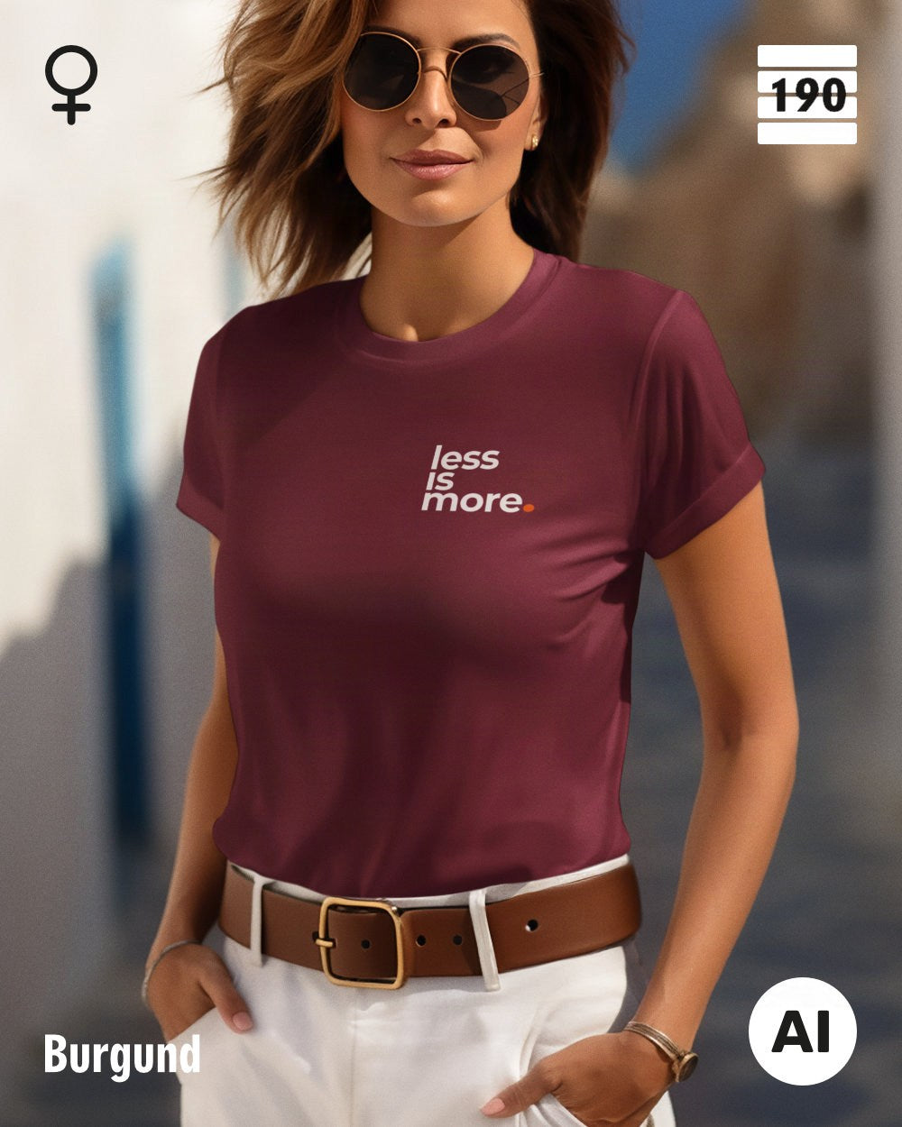 Eine Frau trägt ein figurbetontes Damen T-Shirt in der Farbe burgund mit dem minimalistischen Design "less is more" oben links.