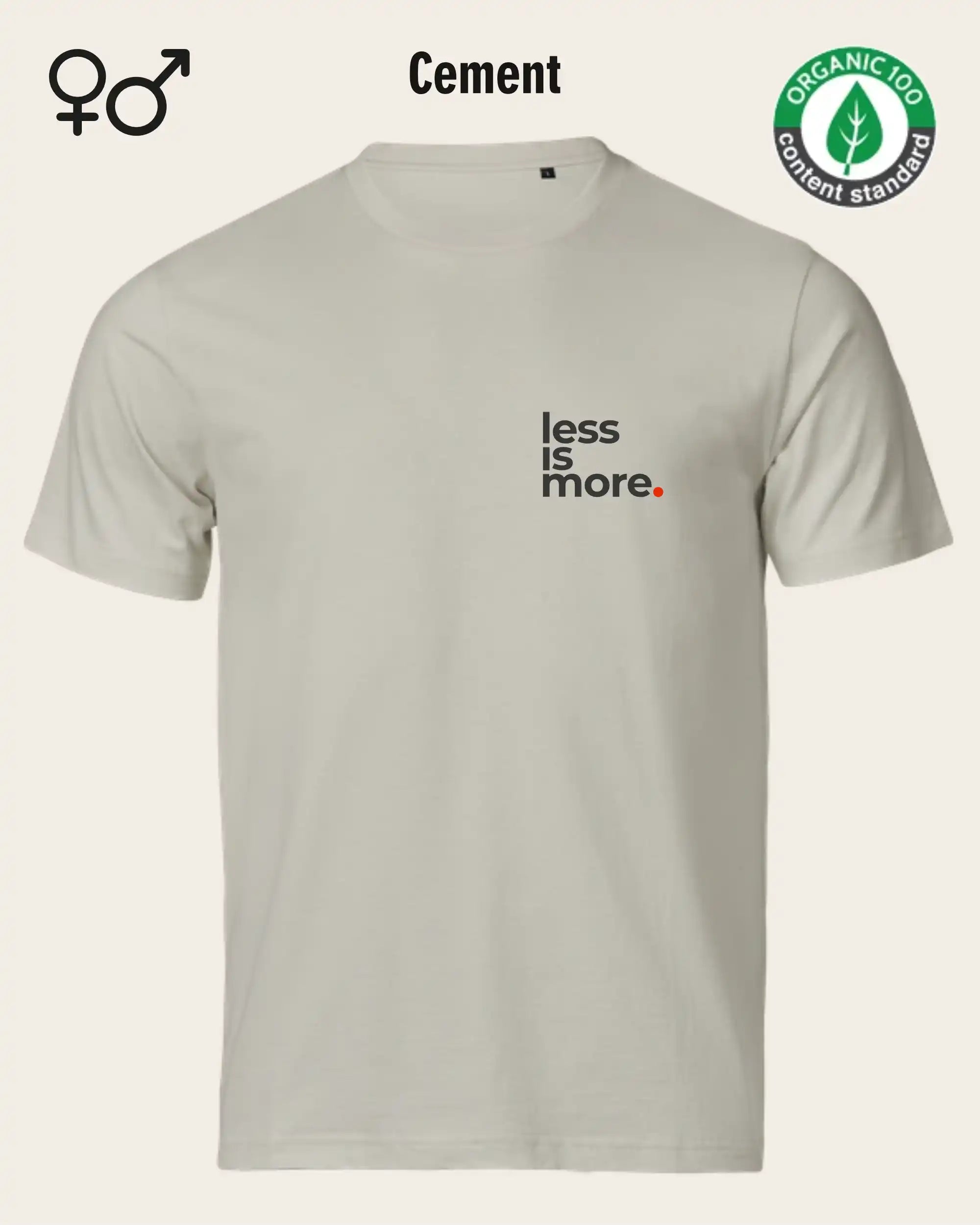 das bild zeigt dasnachhaltige Design-T-Shirt Tee Jays Urban Luxury Tee 1150 in der farbe cement mit dem minimalistischen Print "Less is more."