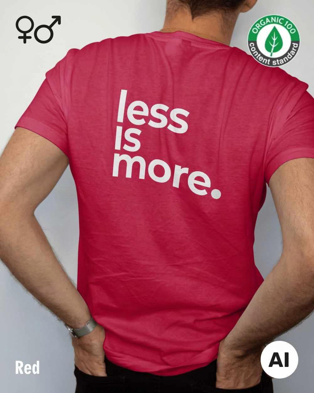 das bild zeigt eine person, die ein nachhaltiges Design-T-Shirt in der farbe red mit dem backprint "Less is more." trägt.