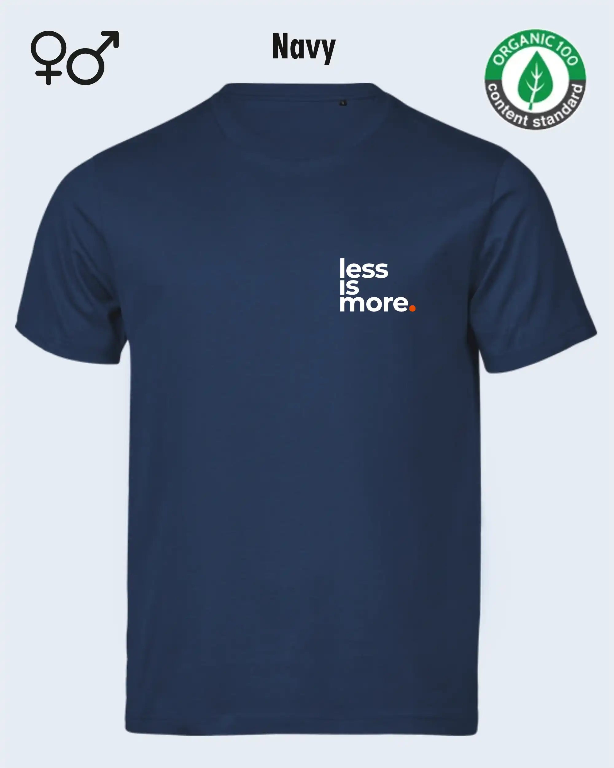 das bild zeigt dasnachhaltige Design-T-Shirt Tee Jays Urban Luxury Tee 1150 in der farbe navy mit dem minimalistischen Print "Less is more."