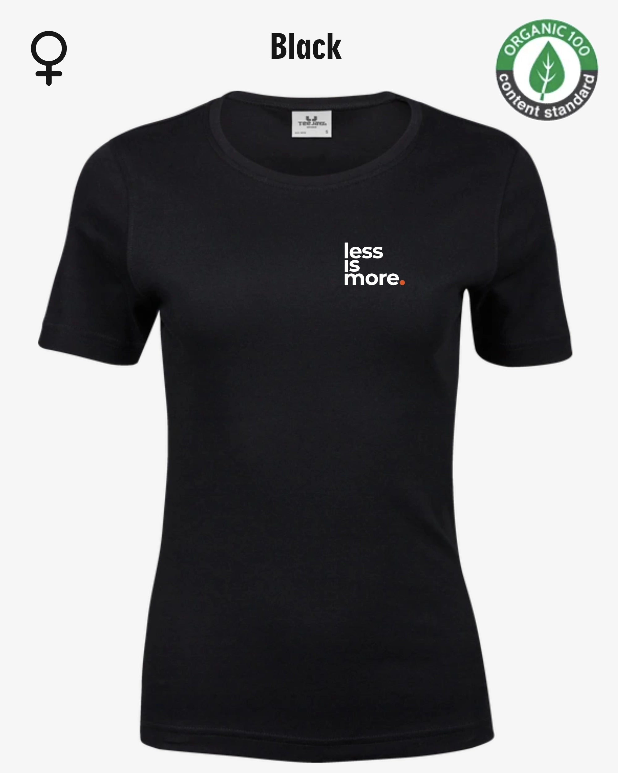 Auf dem Bild sieht man das T-Shirt Tee Jays Women's Interlock Tee STYLE 580 in der Farbe black mit dem minimalistischen Design "less is more".