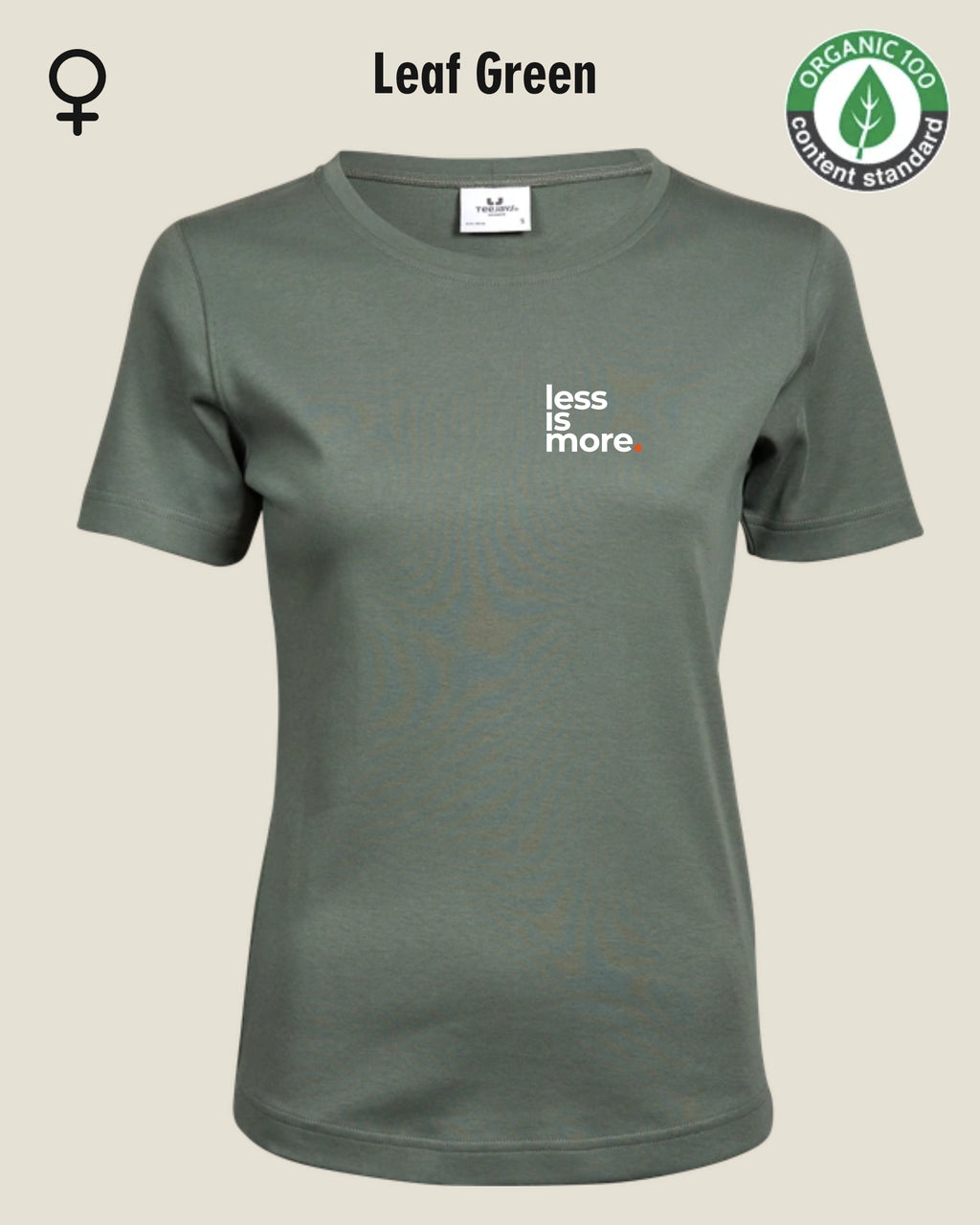 Auf dem Bild sieht man das T-Shirt Tee Jays Women's Interlock Tee STYLE 580 in der Farbe leaf green mit dem minimalistischen Design "less is more".