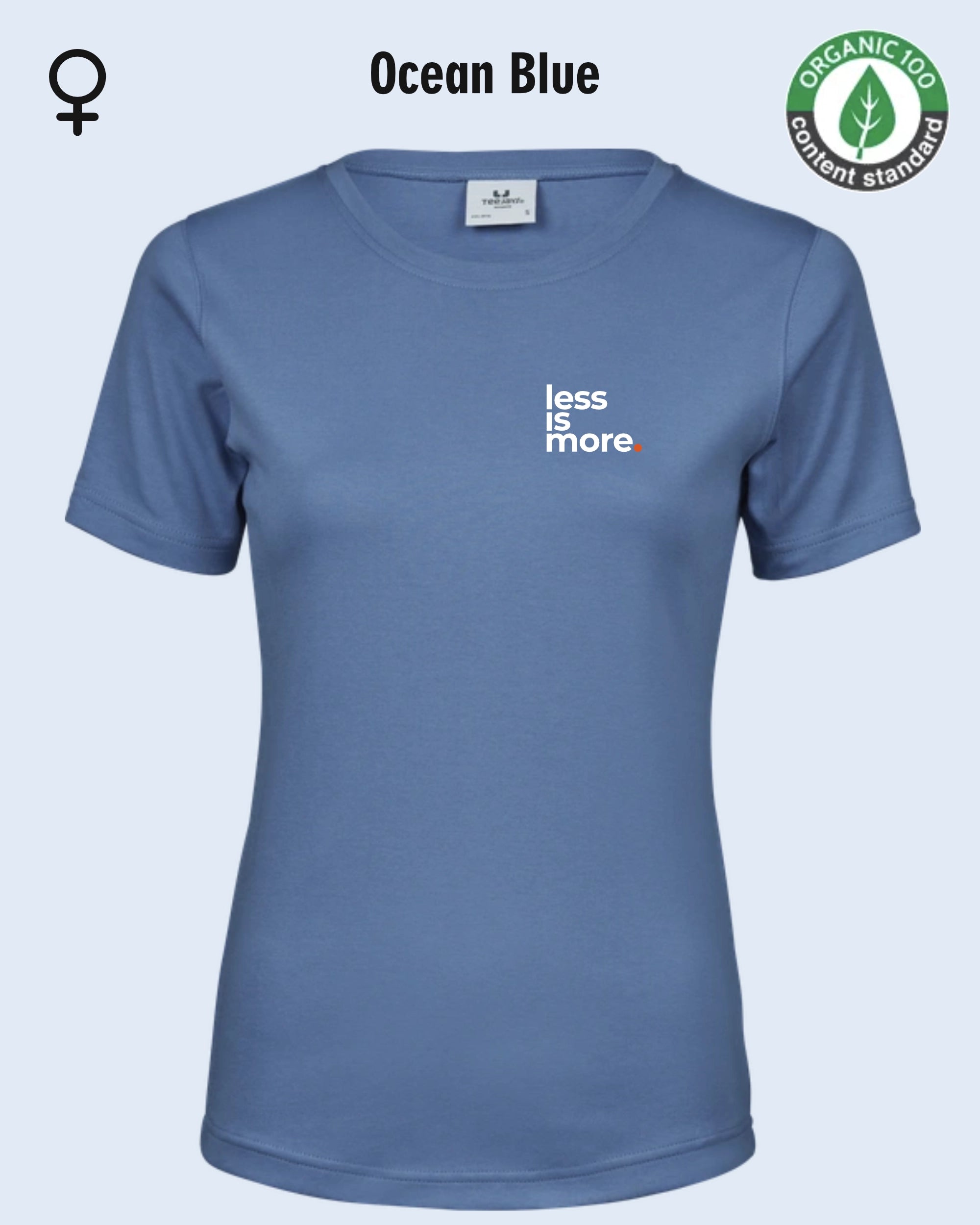 Auf dem Bild sieht man das T-Shirt Tee Jays Women's Interlock Tee STYLE 580 in der Farbe ocean blue mit dem minimalistischen Design "less is more".