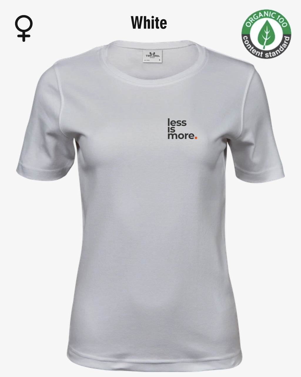 Auf dem Bild sieht man das T-Shirt Tee Jays Women's Interlock Tee STYLE 580 in der Farbe white mit dem minimalistischen Design "less is more".