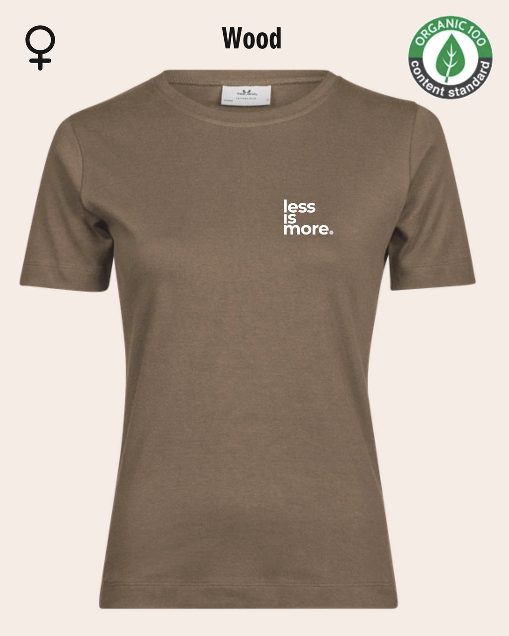 Auf dem Bild sieht man das T-Shirt Tee Jays Women's Interlock Tee STYLE 580 in der Farbe wood mit dem minimalistischen Design "less is more".