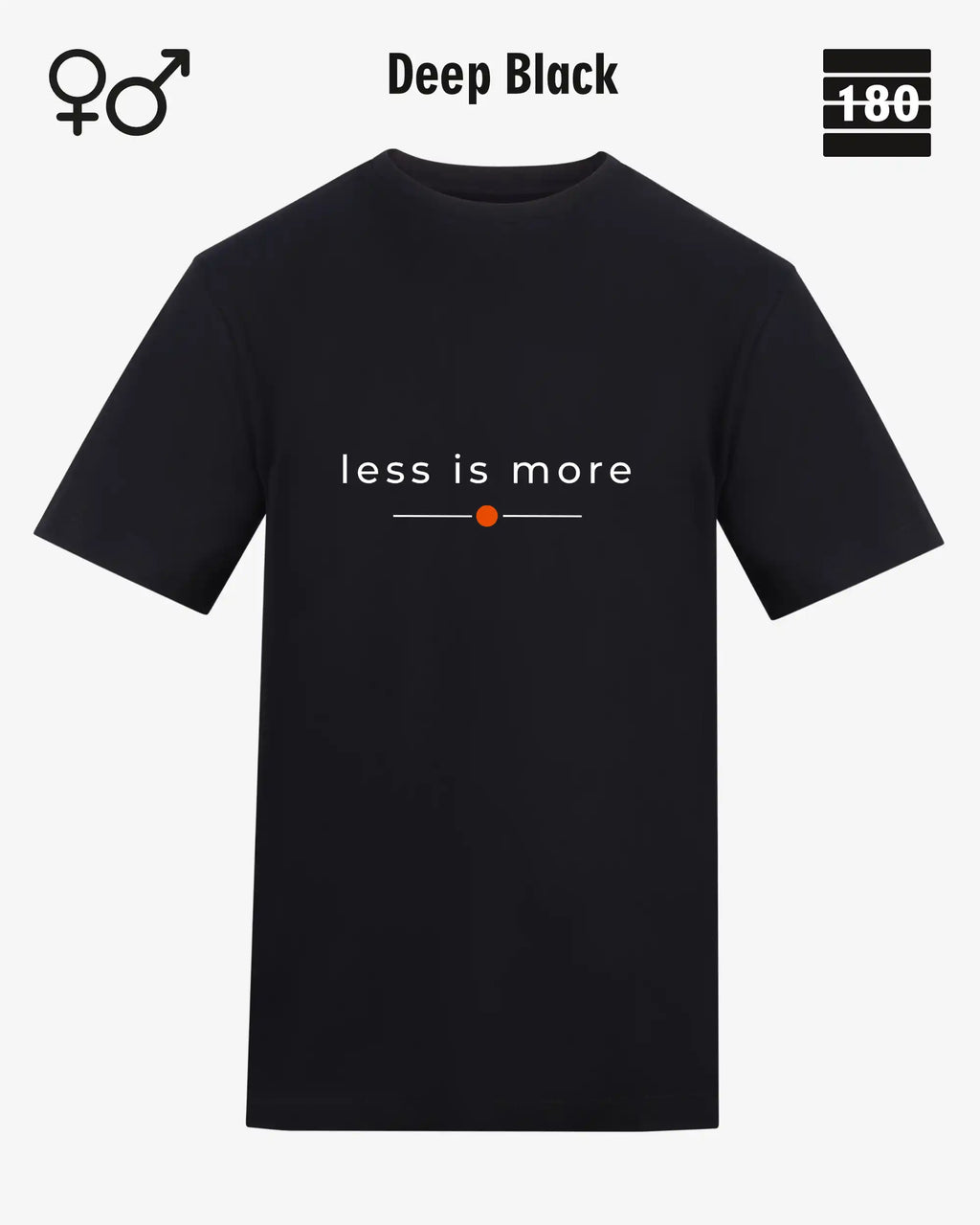 das bild zeigt das Unisex Design-T-Shirt AWDis 180T in der farbe deep black mit dem zeitlosen motiv "less is more"