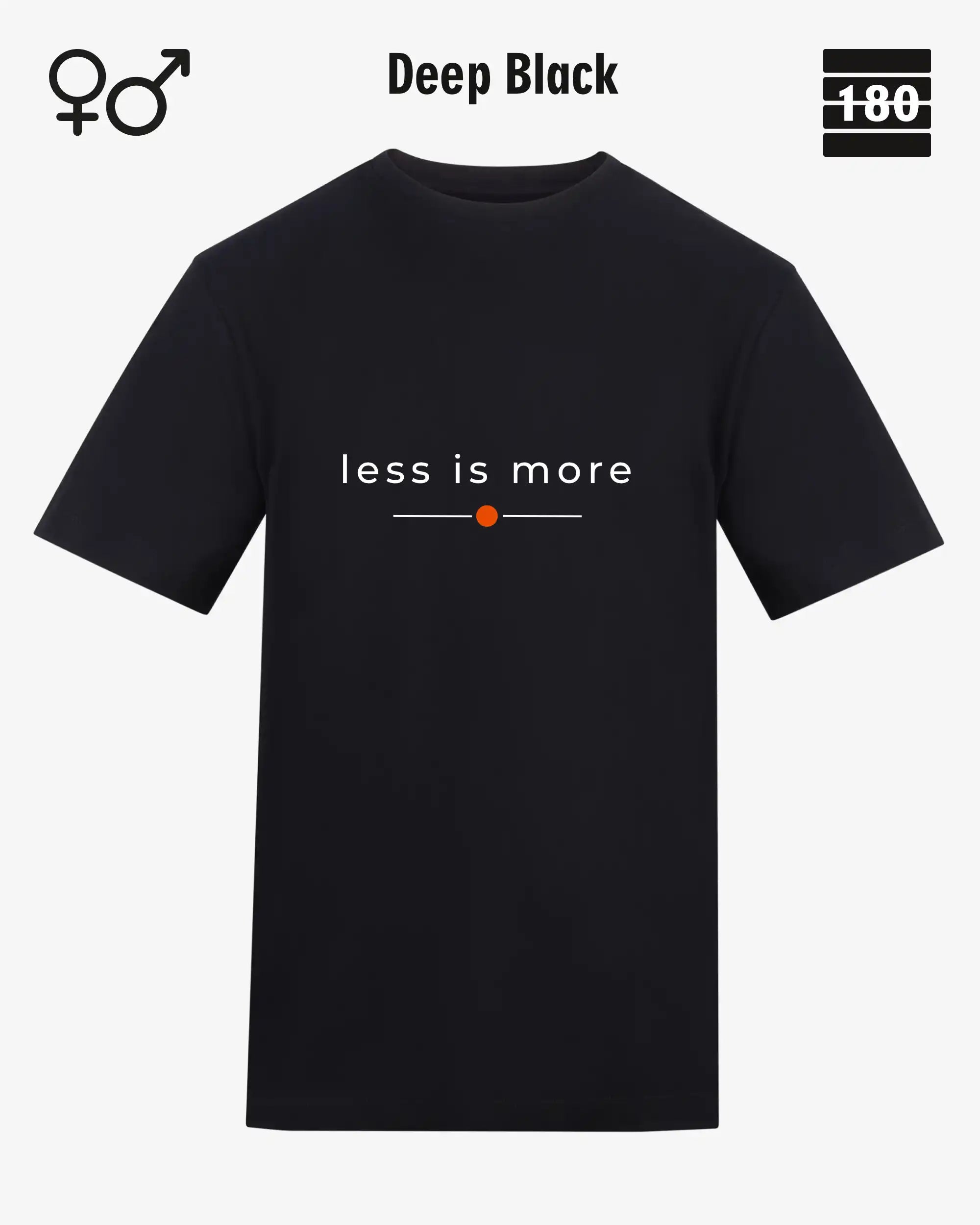 das bild zeigt das Unisex Design-T-Shirt AWDis 180T in der farbe deep black mit dem zeitlosen motiv "less is more"