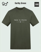 das bild zeigt das Unisex Design-T-Shirt AWDis 180T in der farbe earthy green mit dem zeitlosen motiv "less is more"