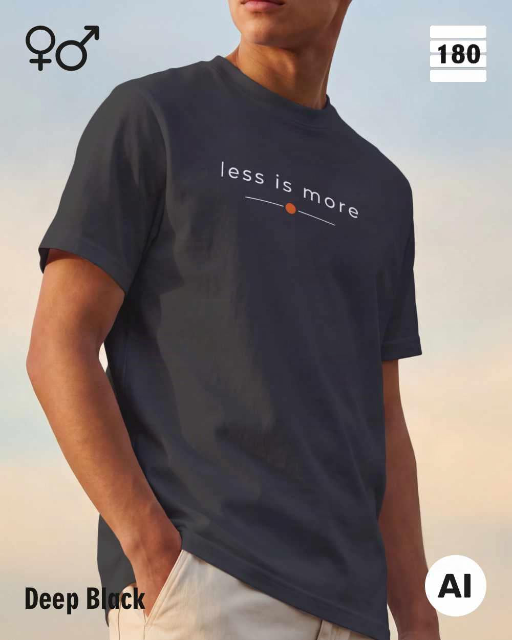 Diese abbildung zeigt eine Person, die ein Unisex Design-T-Shirt in der farbe deep black mit dem zeitlosen motiv "less is more" trägt.
