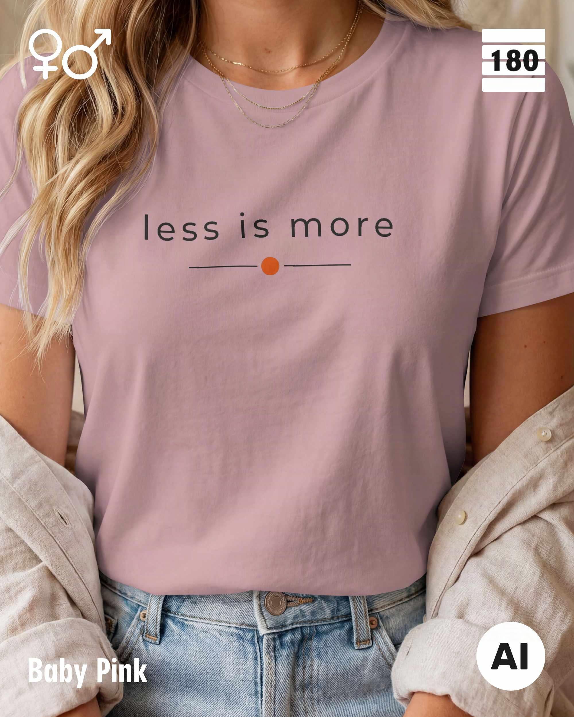 Diese abbildung zeigt eine frau, die ein Unisex Design-T-Shirt in der farbe baby pink mit dem zeitlosen motiv "less is more" trägt.