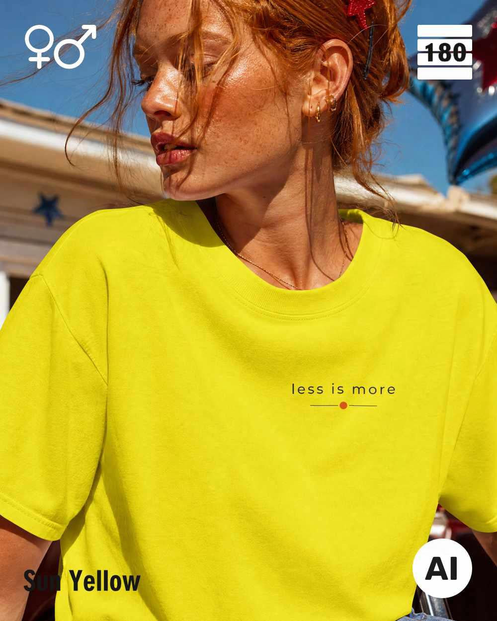 Diese abbildung zeigt eine Frau, die ein Unisex Design-T-Shirt in der farbe sun yellow mit dem zeitlosen motiv "less is more" trägt.