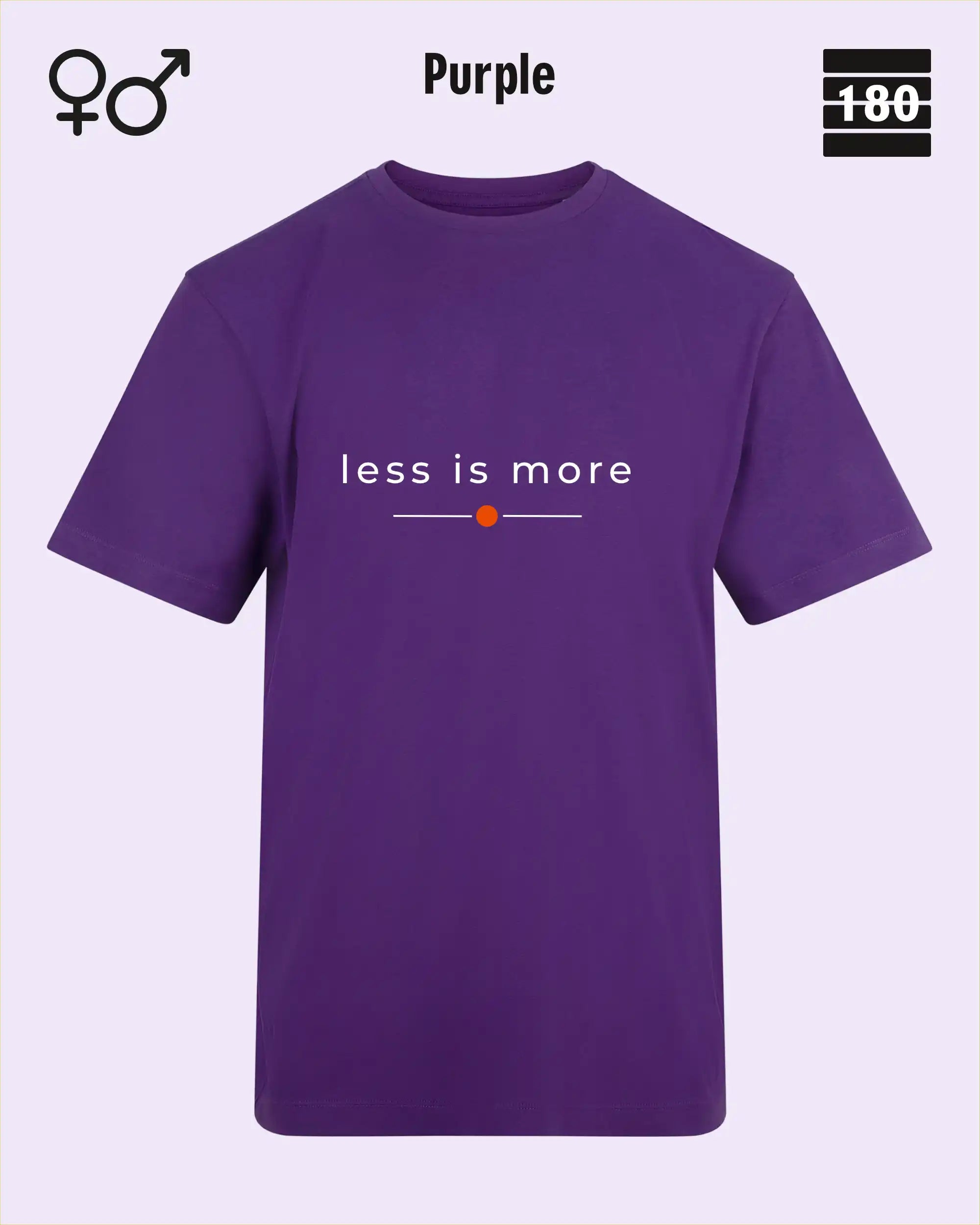 das bild zeigt das Unisex Design-T-Shirt AWDis 180T in der farbe purple mit dem zeitlosen motiv "less is more"