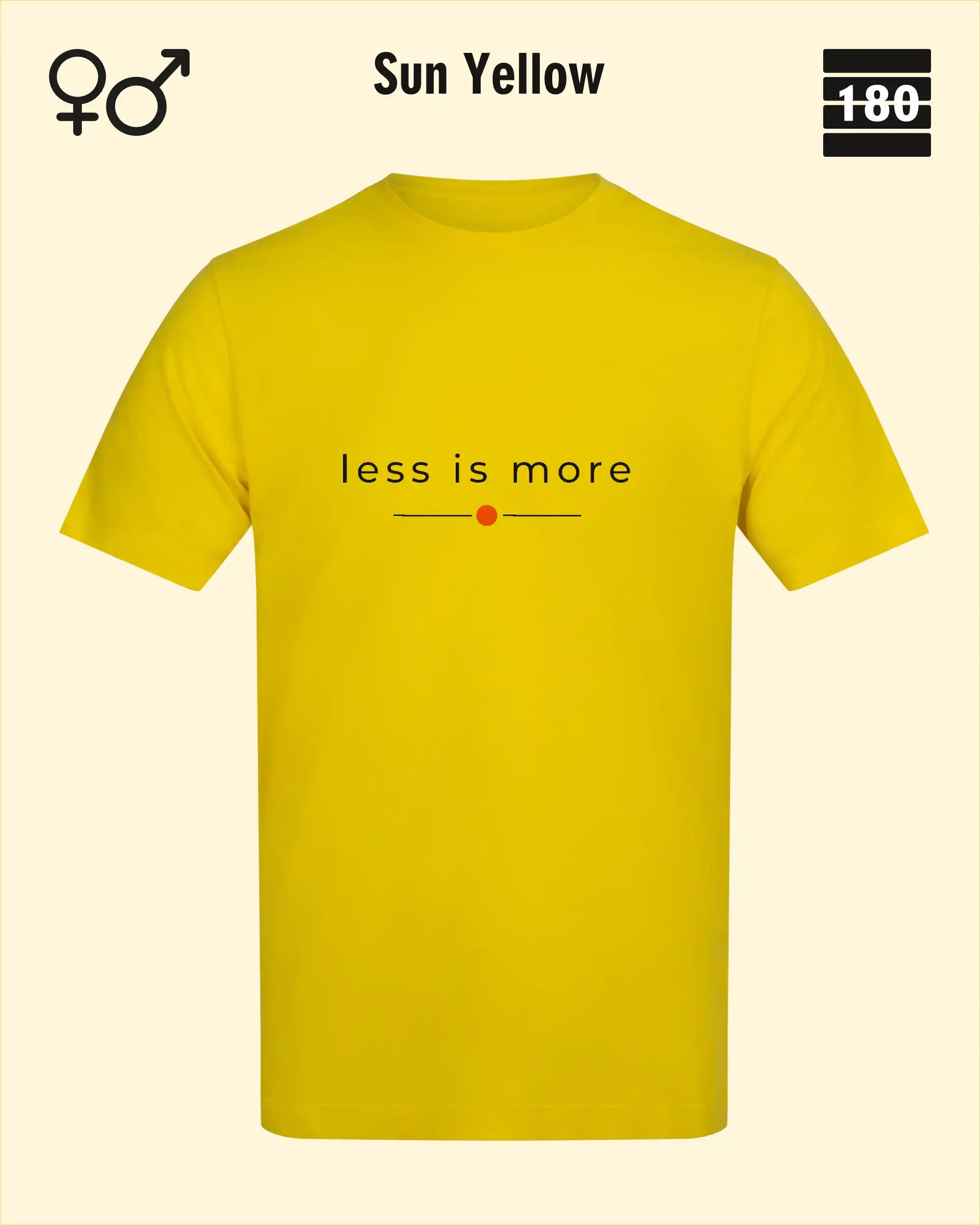das bild zeigt das Unisex Design-T-Shirt AWDis 180T in der farbe sun yellow mit dem zeitlosen motiv "less is more"