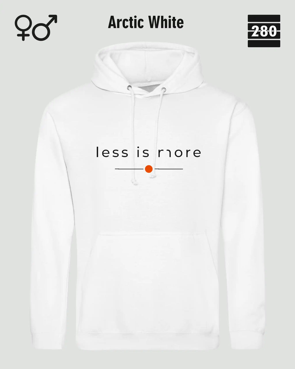 das bild zeigt den hoodie jh001 von just hoods in der farbe arctic white und mit dem zeitlosen design "less is more".