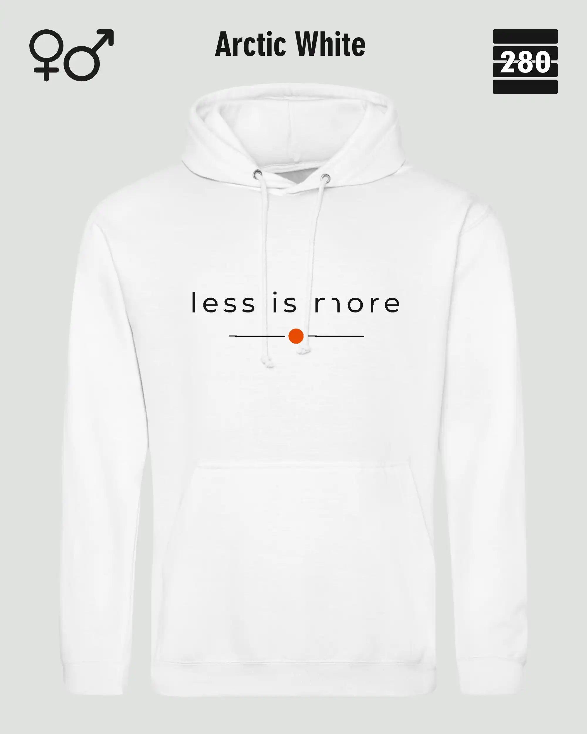 das bild zeigt den hoodie jh001 von just hoods in der farbe arctic white und mit dem zeitlosen design "less is more".