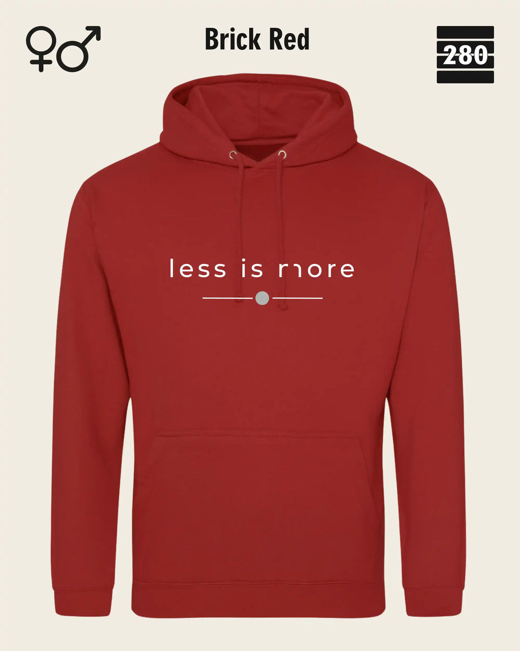 das bild zeigt den hoodie jh001 von just hoods in der farbe brick rec und mit dem zeitlosen design "less is more".