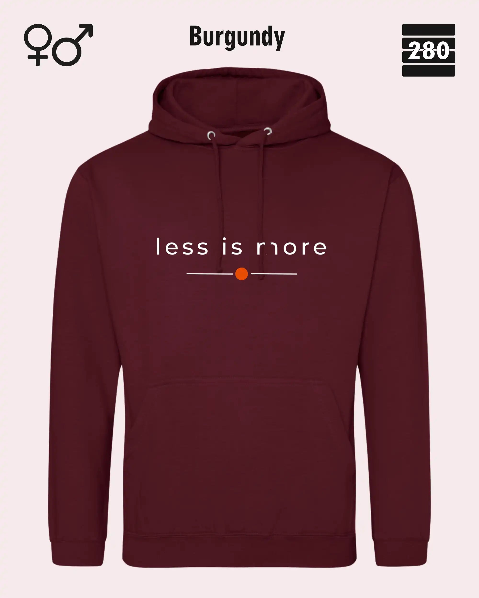 das bild zeigt den hoodie jh001 von just hoods in der farbe burgundy und mit dem zeitlosen design "less is more".