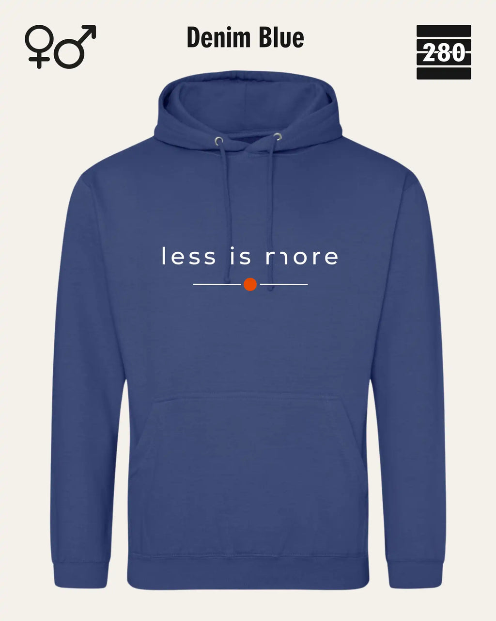 das bild zeigt den hoodie jh001 von just hoods in der farbe denim blue und mit dem zeitlosen design "less is more".