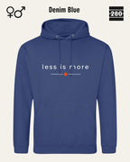 das bild zeigt den hoodie jh001 von just hoods in der farbe denim blue und mit dem zeitlosen design "less is more".