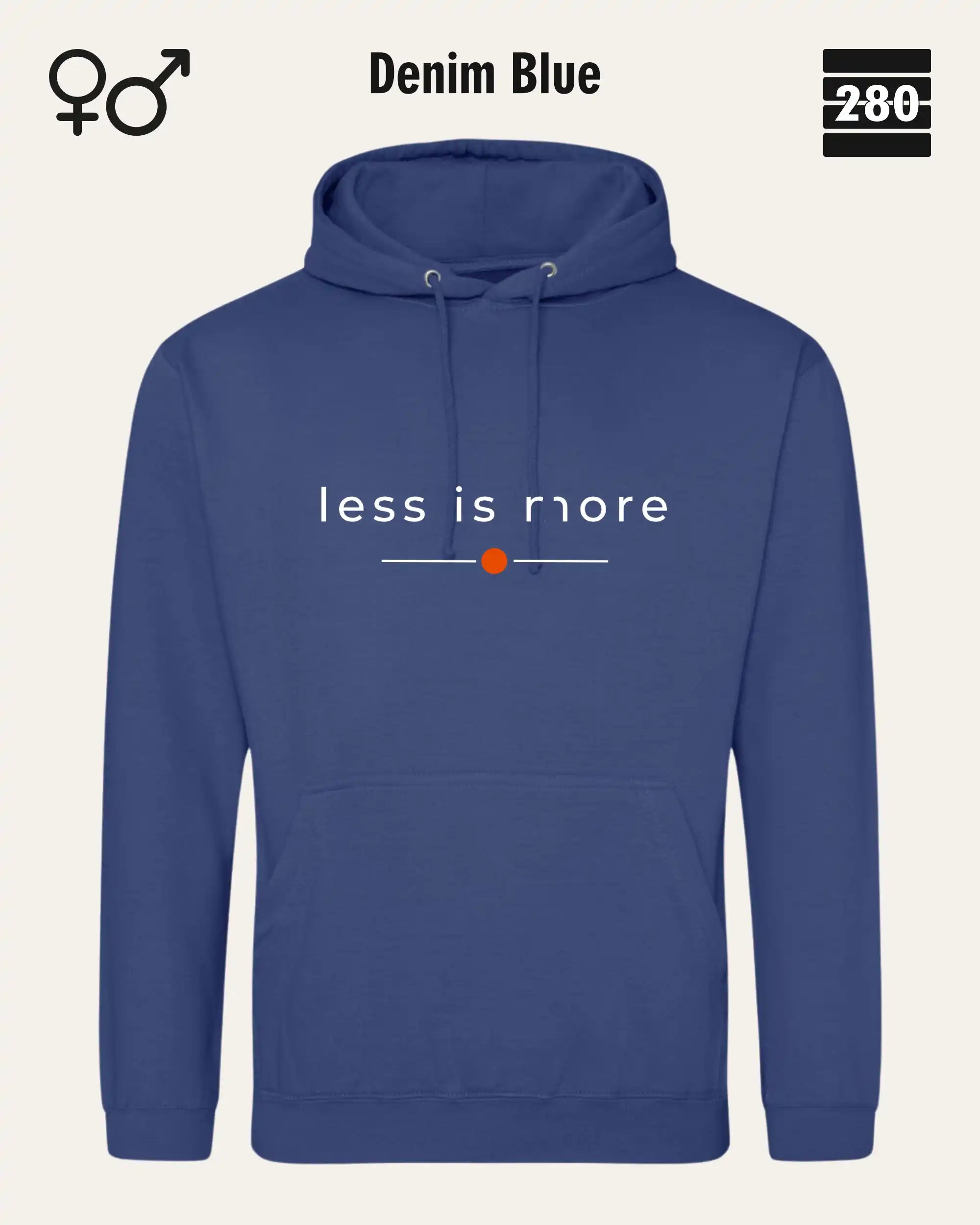 das bild zeigt den hoodie jh001 von just hoods in der farbe denim blue und mit dem zeitlosen design "less is more".