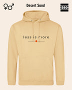das bild zeigt den hoodie jh001 von just hoods in der farbe desert sand und mit dem zeitlosen design "less is more".