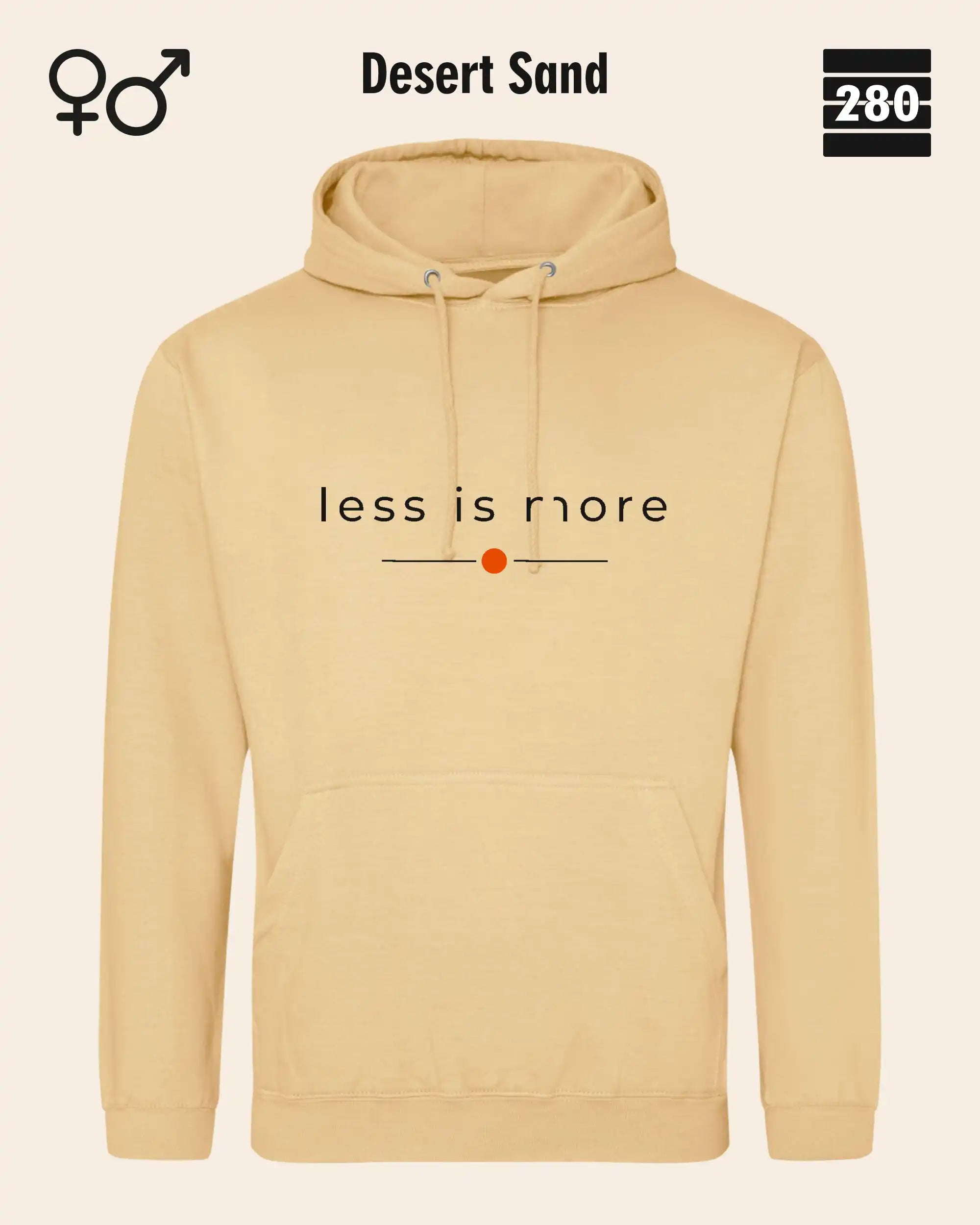 das bild zeigt den hoodie jh001 von just hoods in der farbe desert sand und mit dem zeitlosen design "less is more".