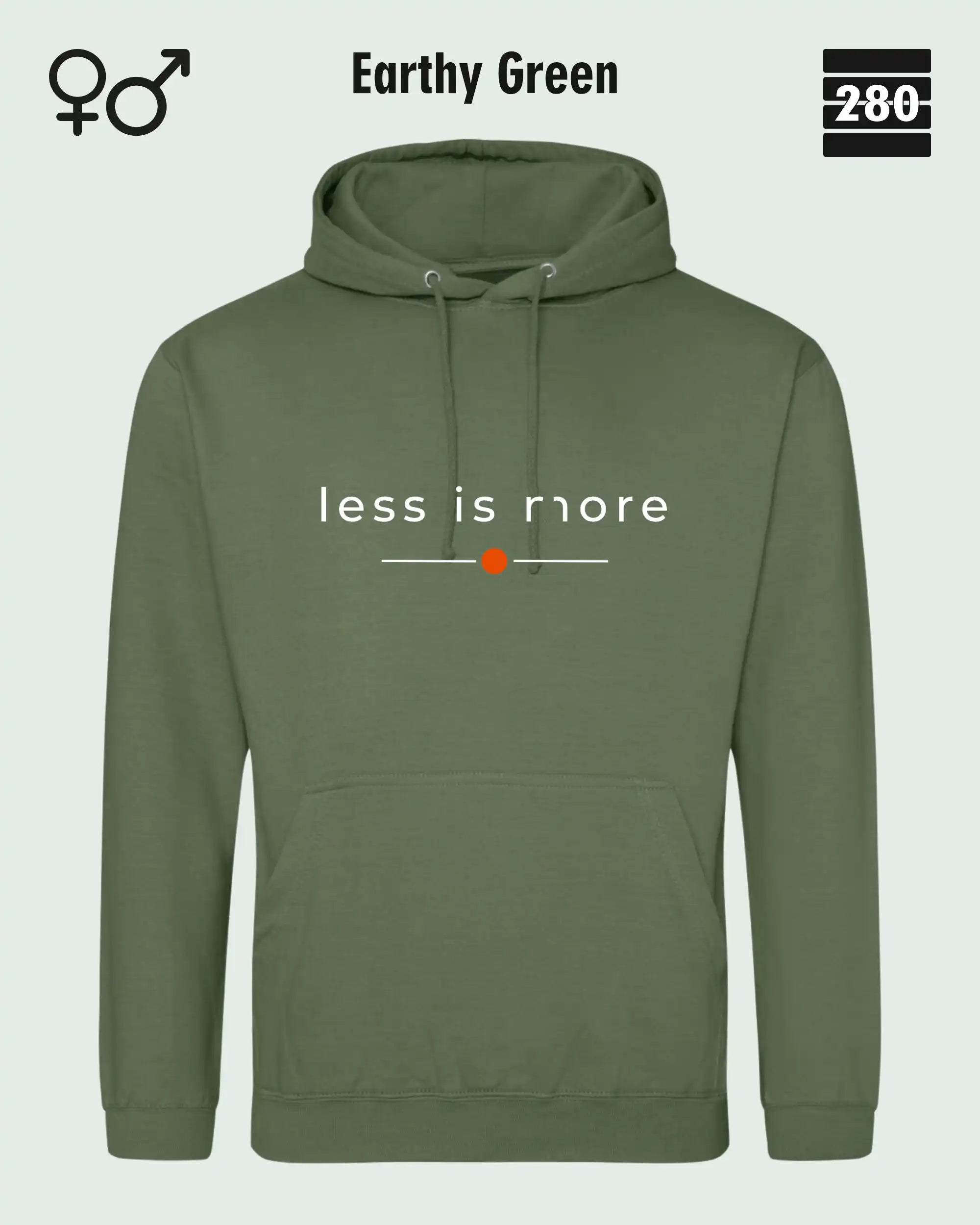 das bild zeigt den hoodie jh001 von just hoods in der farbe earthy green und mit dem zeitlosen design "less is more".