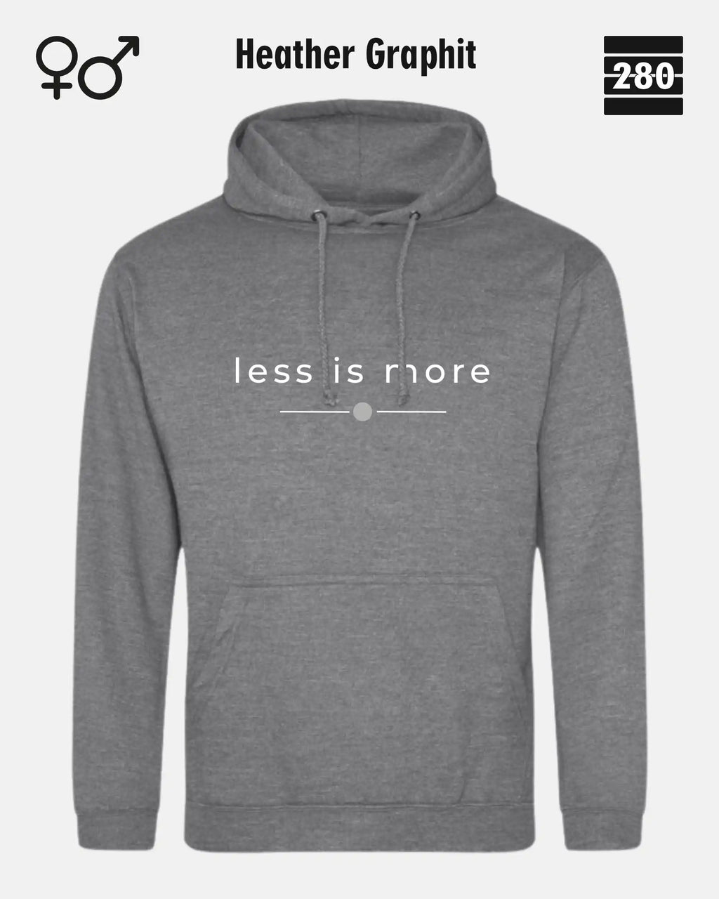 das bild zeigt den hoodie jh001 von just hoods in der farbe heather graphit und mit dem zeitlosen design "less is more".