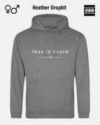 das bild zeigt den hoodie jh001 von just hoods in der farbe heather graphit und mit dem zeitlosen design "less is more".