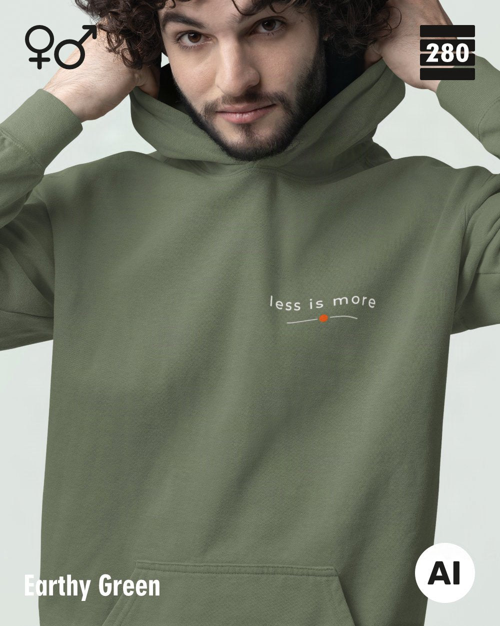 das bild zeigt eine person, die einen unisex design hoodie in der farbe earthy green und mit dem zeitlosen motiv "less is more" trägt.