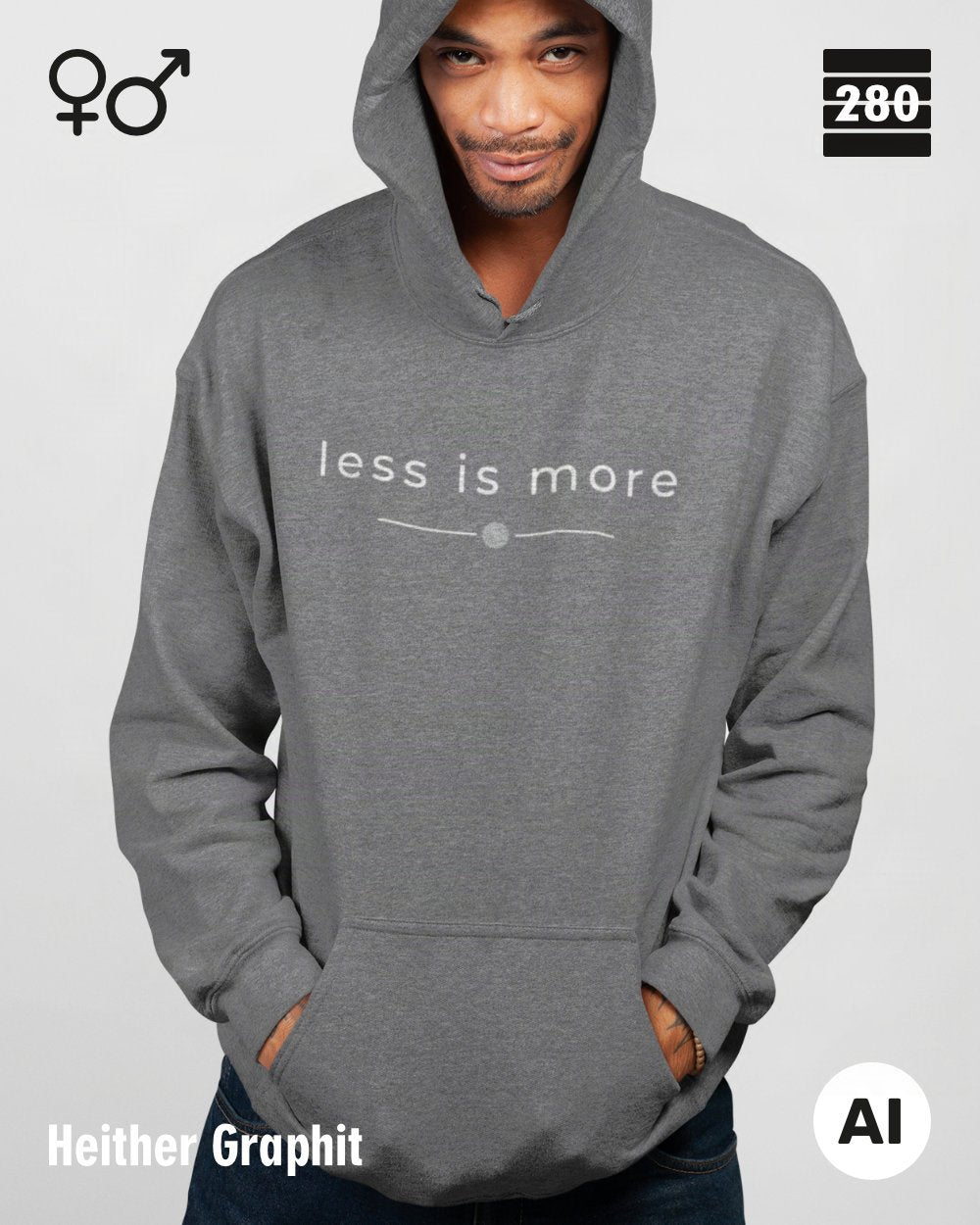 das bild zeigt eine person, die einen unisex design hoodie in der farbe heather graphit und mit dem zeitlosen motiv "less is more" trägt.