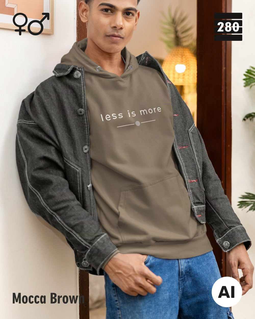 das bild zeigt eine person, die einen unisex design hoodie in der farbe mocca brown und mit dem zeitlosen motiv "less is more" trägt.