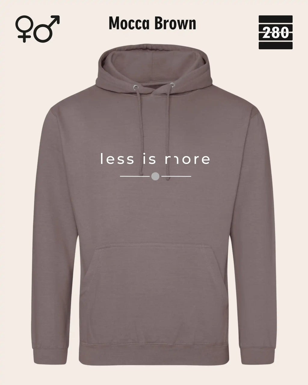 das bild zeigt den hoodie jh001 von just hoods in der farbe mocca brown und mit dem zeitlosen design "less is more".