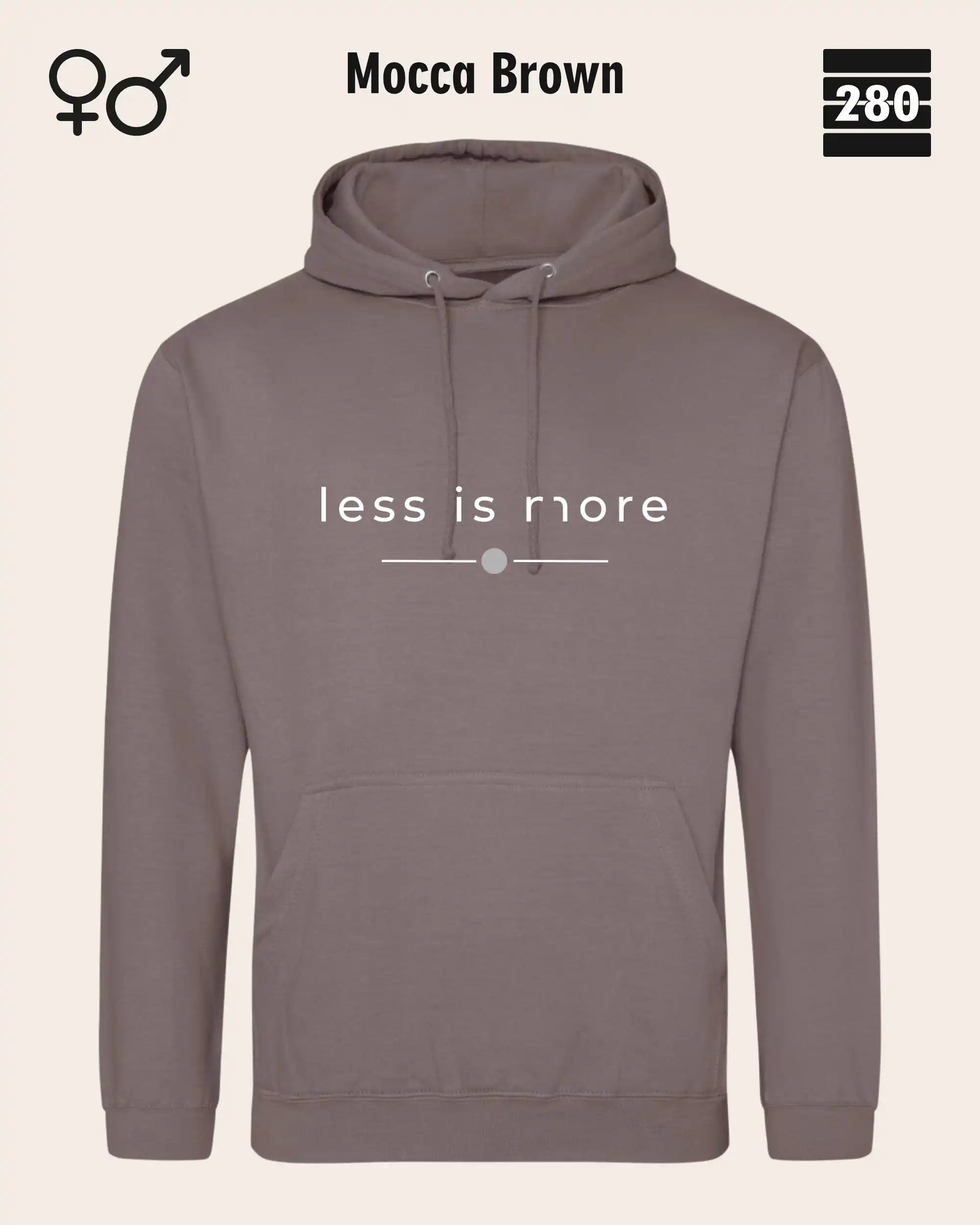 das bild zeigt den hoodie jh001 von just hoods in der farbe mocca brown und mit dem zeitlosen design "less is more".