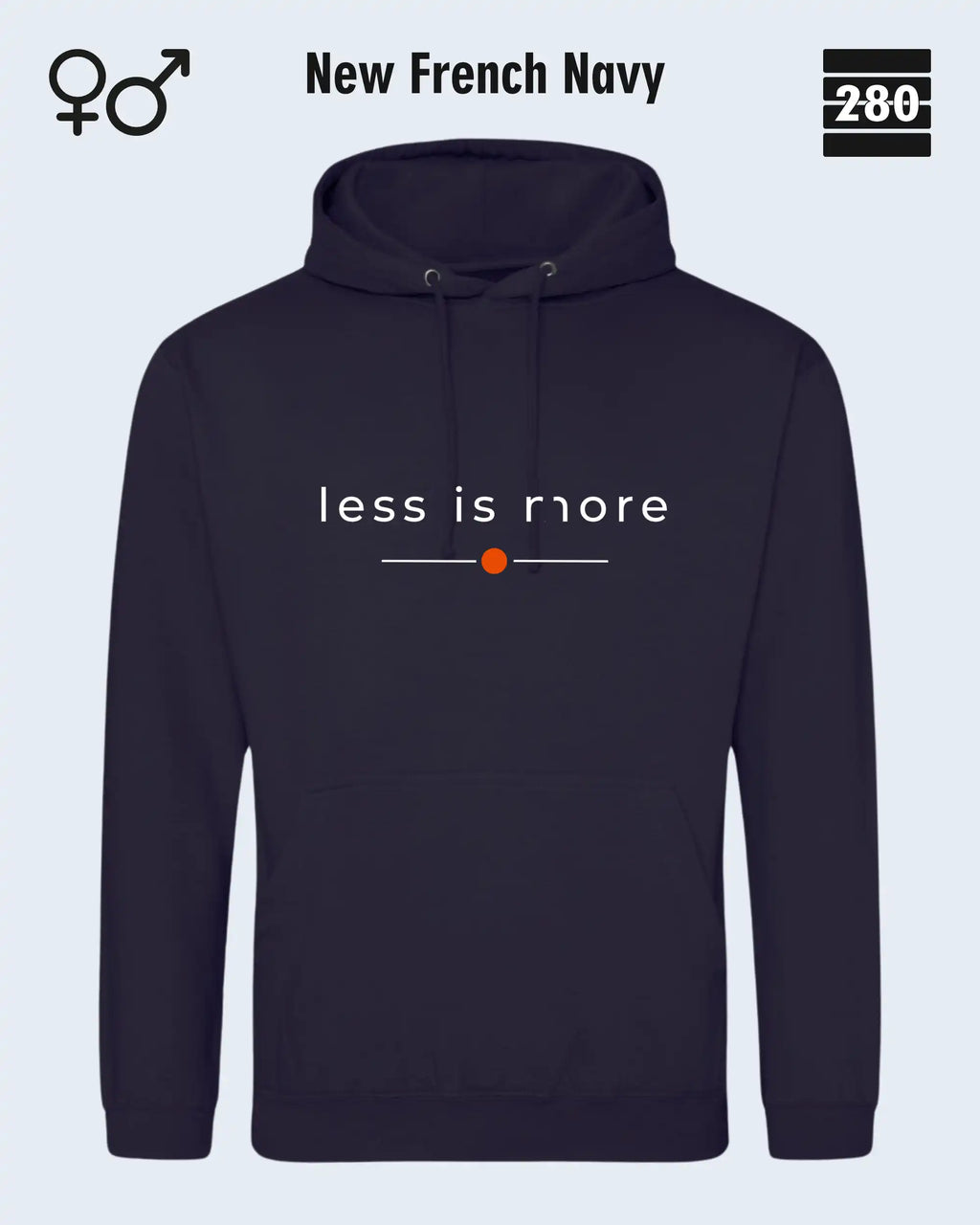 das bild zeigt den hoodie jh001 von just hoods in der farbe new french navy und mit dem zeitlosen design "less is more".