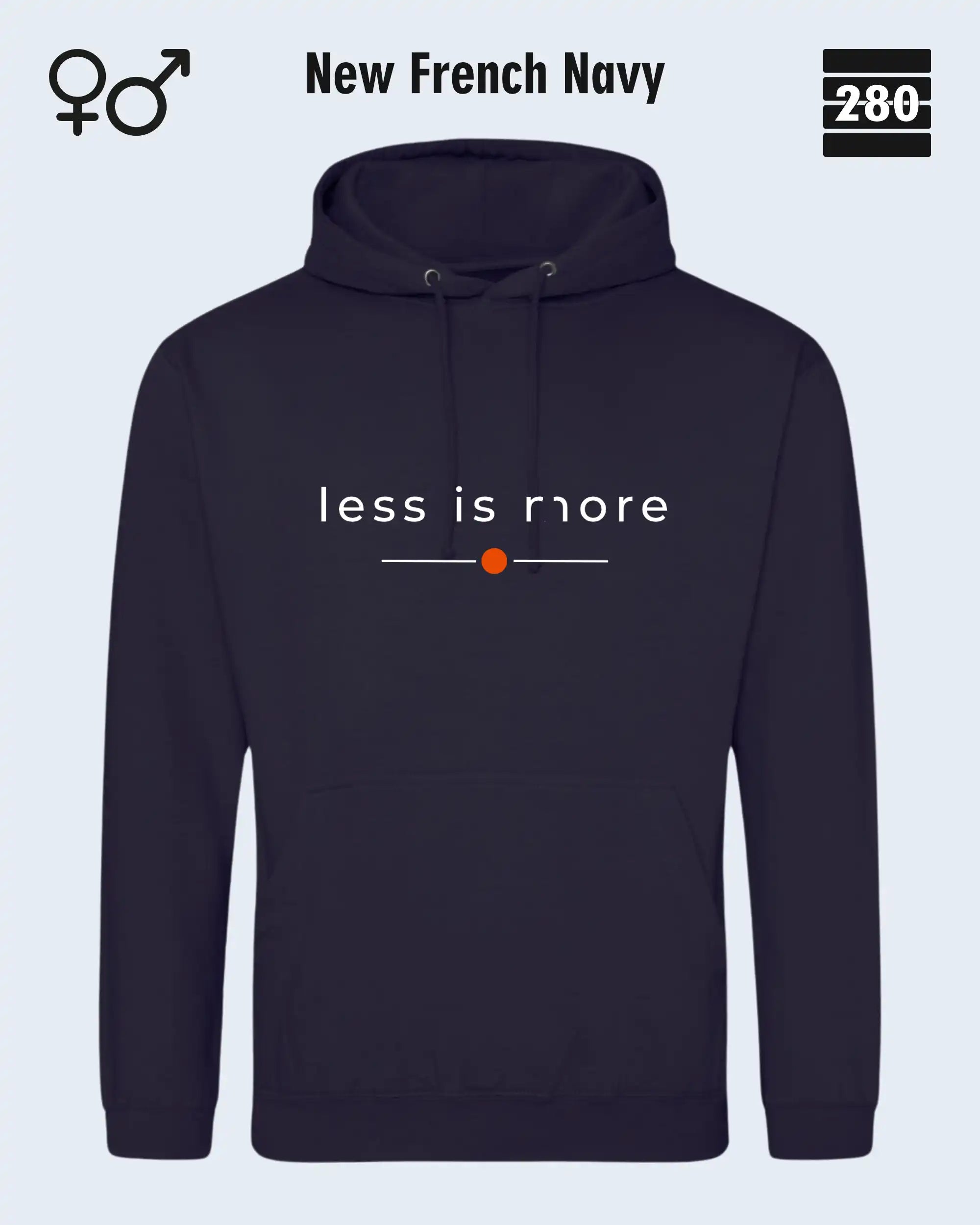 das bild zeigt den hoodie jh001 von just hoods in der farbe new french navy und mit dem zeitlosen design "less is more".