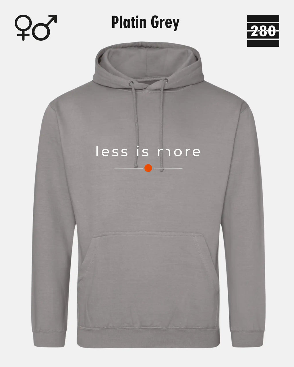 das bild zeigt den hoodie jh001 von just hoods in der farbe platin grey und mit dem zeitlosen design "less is more".