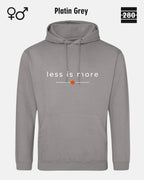 das bild zeigt den hoodie jh001 von just hoods in der farbe platin grey und mit dem zeitlosen design "less is more".