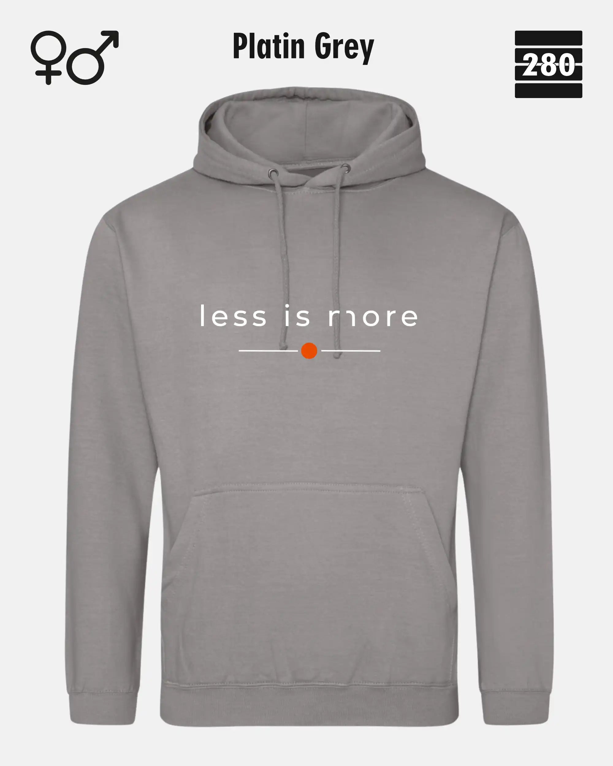 das bild zeigt den hoodie jh001 von just hoods in der farbe platin grey und mit dem zeitlosen design "less is more".