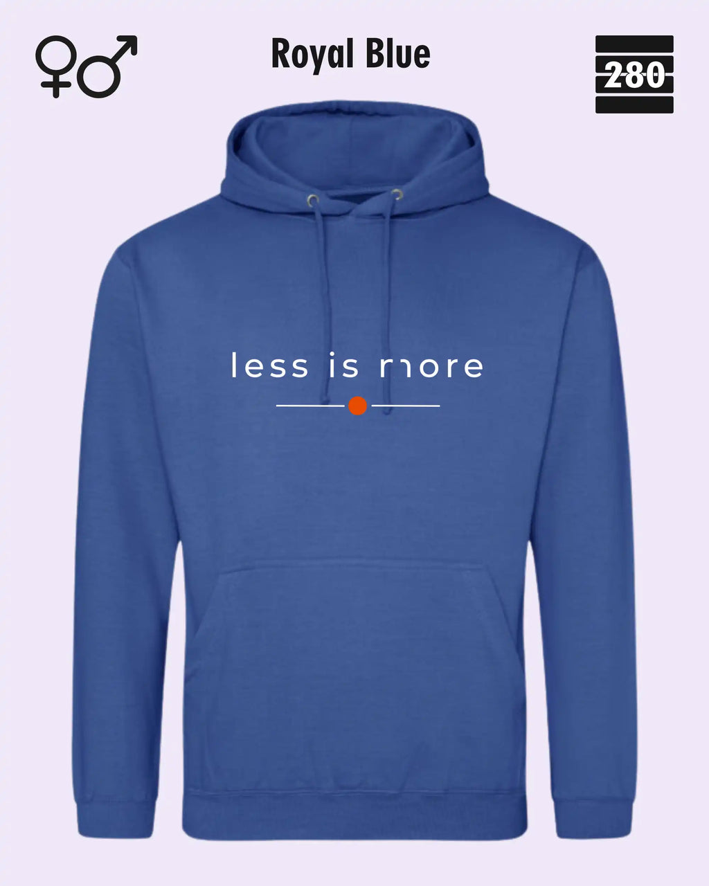 das bild zeigt den hoodie jh001 von just hoods in der farbe royal blue und mit dem zeitlosen design "less is more".