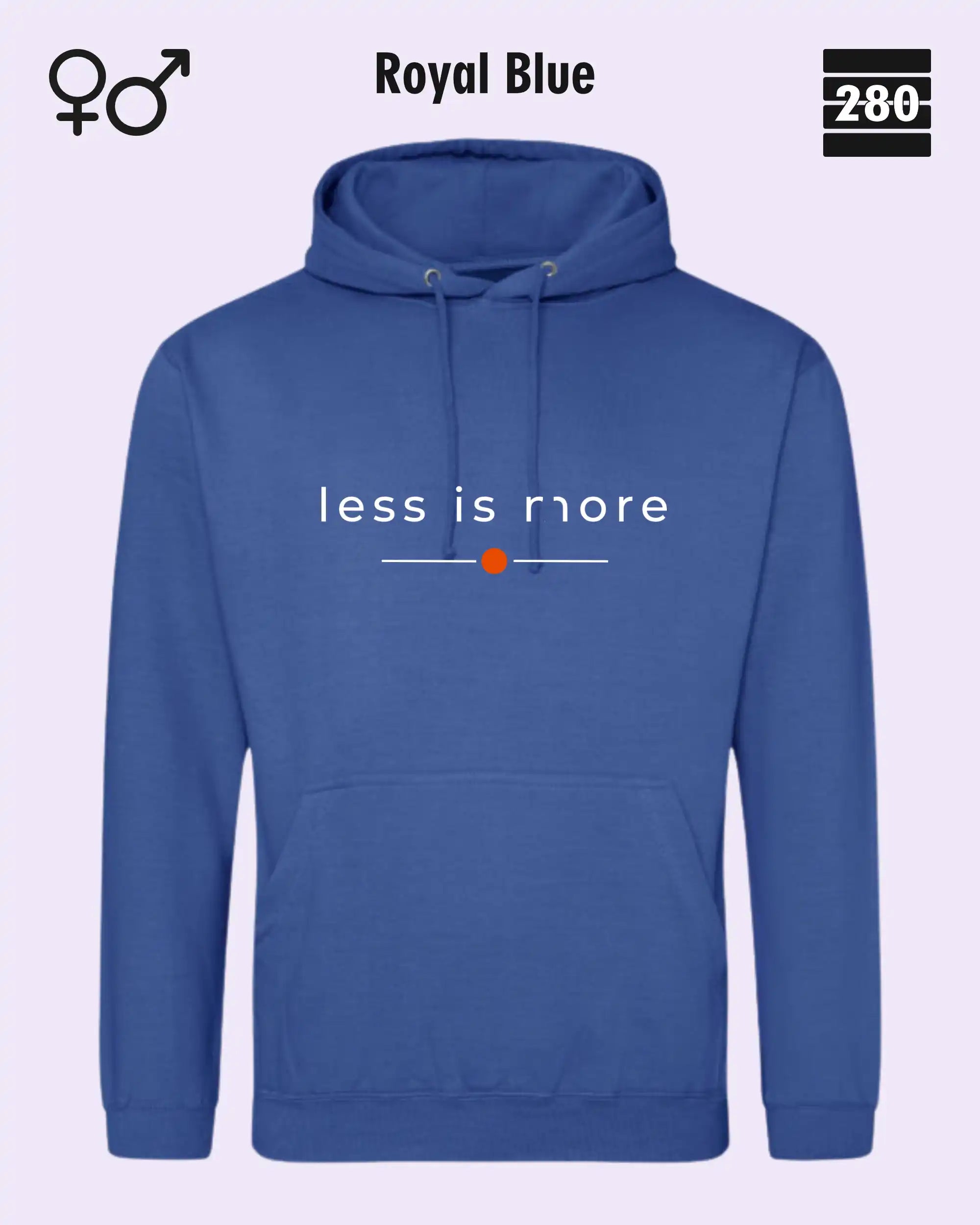 das bild zeigt den hoodie jh001 von just hoods in der farbe royal blue und mit dem zeitlosen design "less is more".