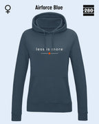 das bild zeigt den leicht taillierten damen hoodie jh001 fvon just hoods in der farbe airforce blue und mit dem zeitlosen design "less is more".