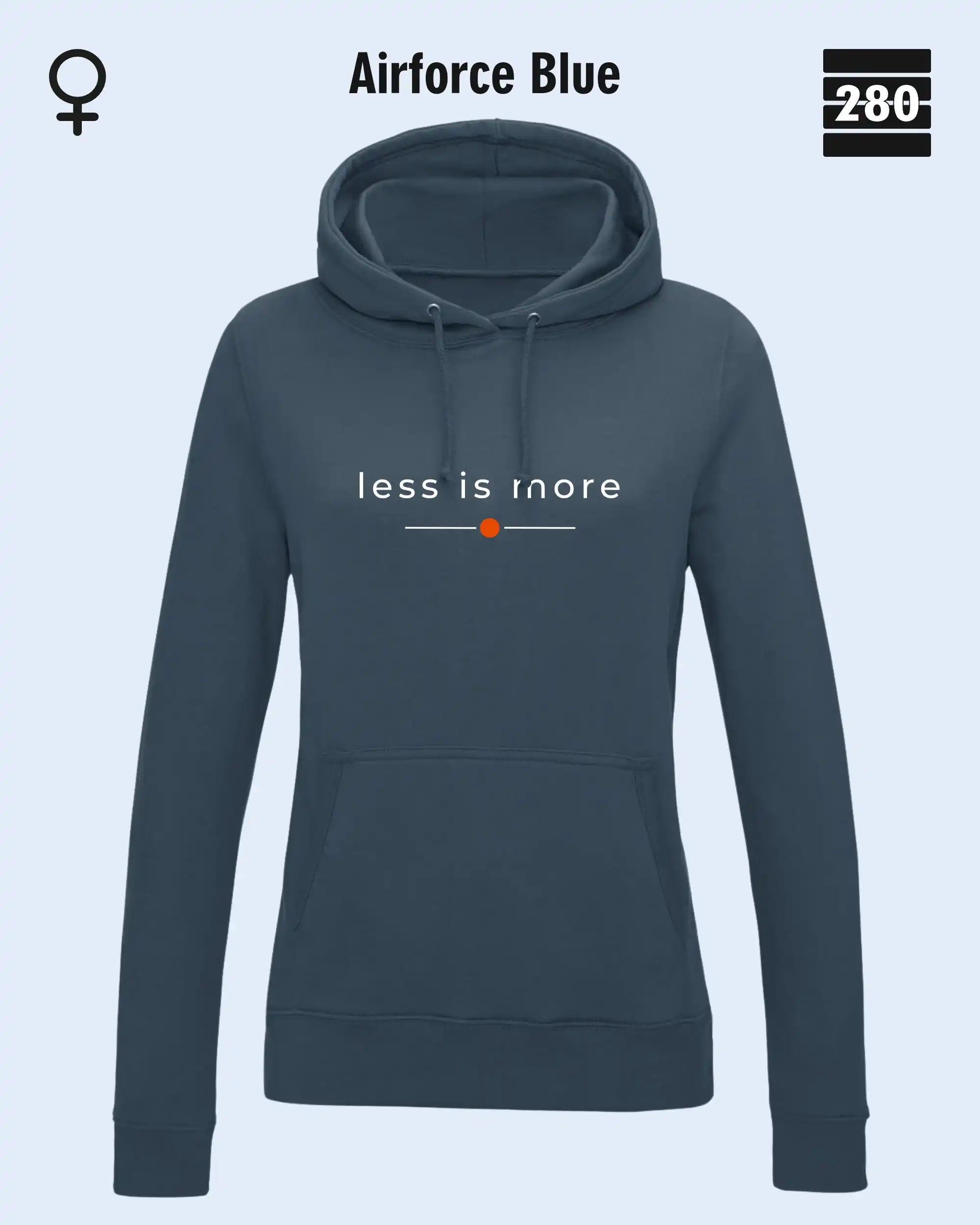 das bild zeigt den leicht taillierten damen hoodie jh001 fvon just hoods in der farbe airforce blue und mit dem zeitlosen design "less is more".