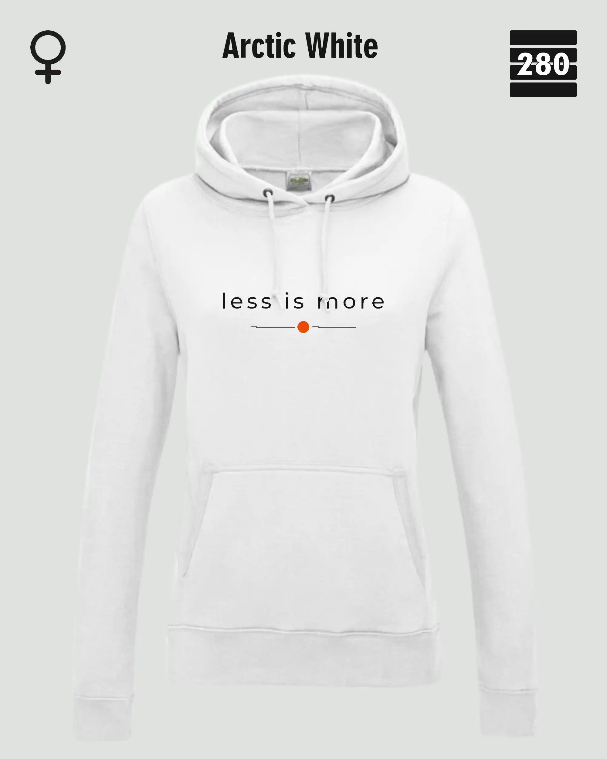 das bild zeigt den leicht taillierten damen hoodie jh001 fvon just hoods in der farbe arctic white und mit dem zeitlosen design "less is more".